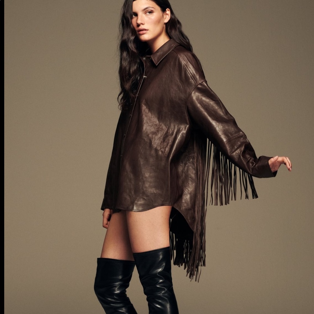 Zara leather brown long fringe western oversized